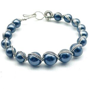Blue Faux Pearl Bead Bracelet Silver Wire Wrapped Handmade Vintage Style